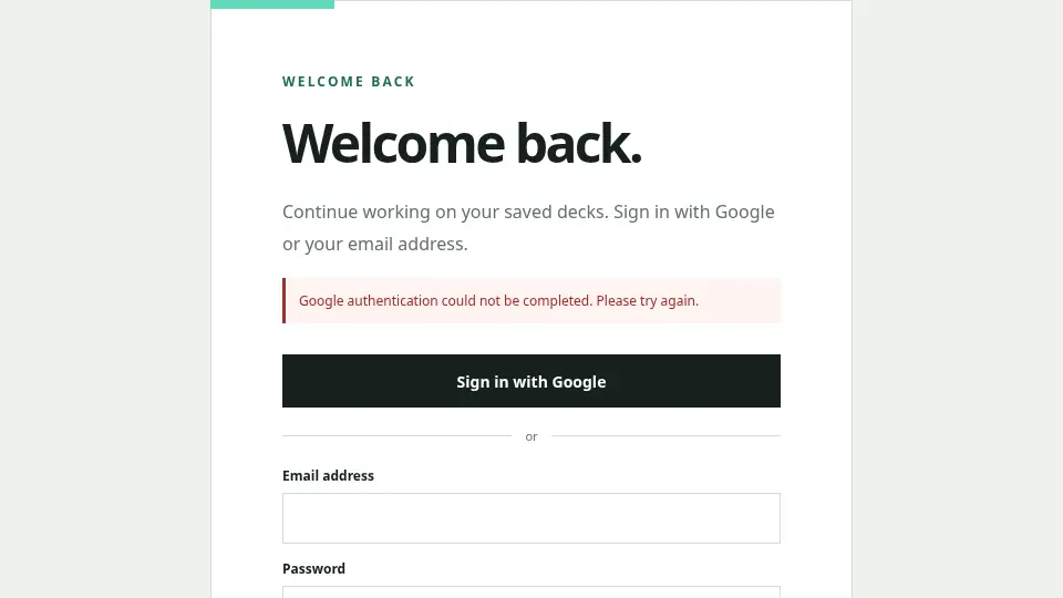 The login page explains when authentication could not be completed.