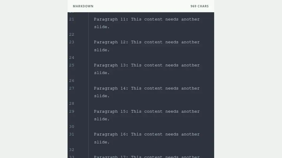 Adding too many paragraphs to one slide marks the relevant source line.