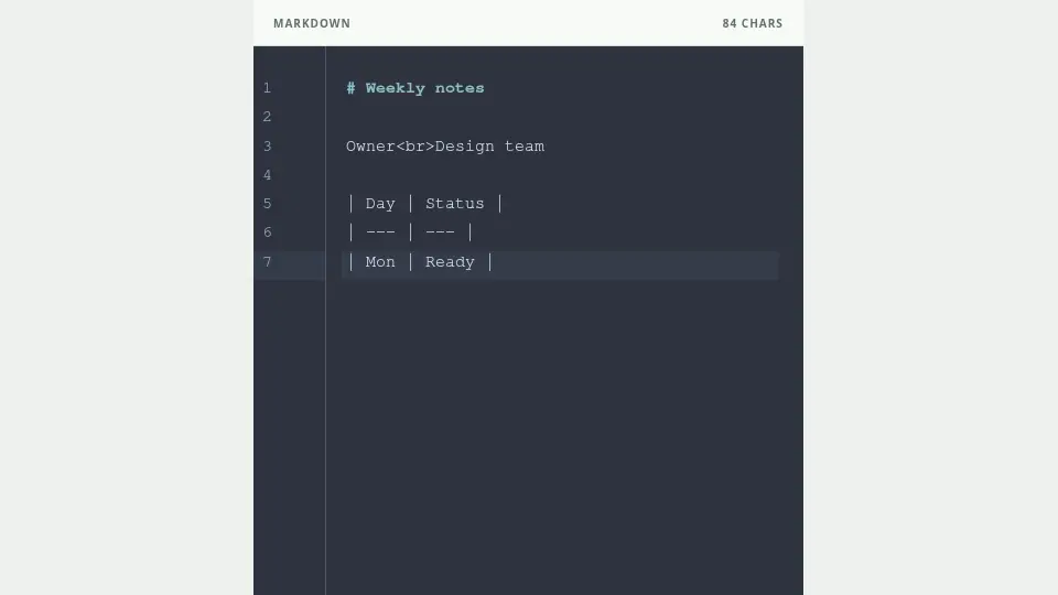 Write table separators and `<br>` only where needed.