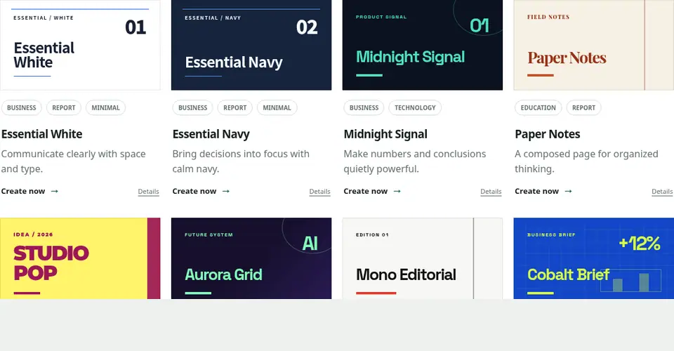 Compare templates with different colors and compositions in the gallery.