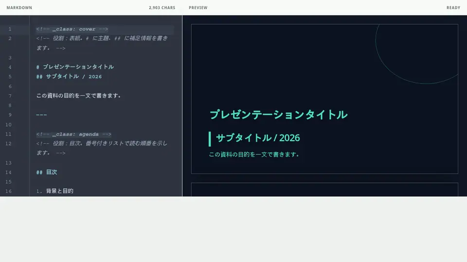 左右のペインで入力と生成結果を同時に確認します。